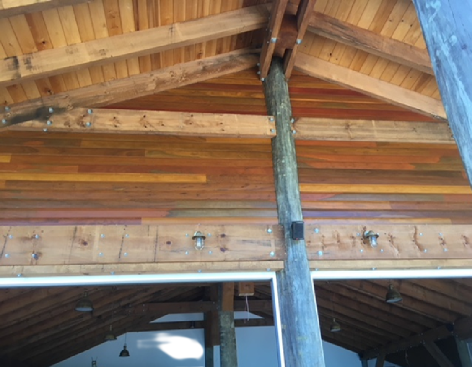 Exposed hardwood ceiling lining and beams milled by Platypus Timbers